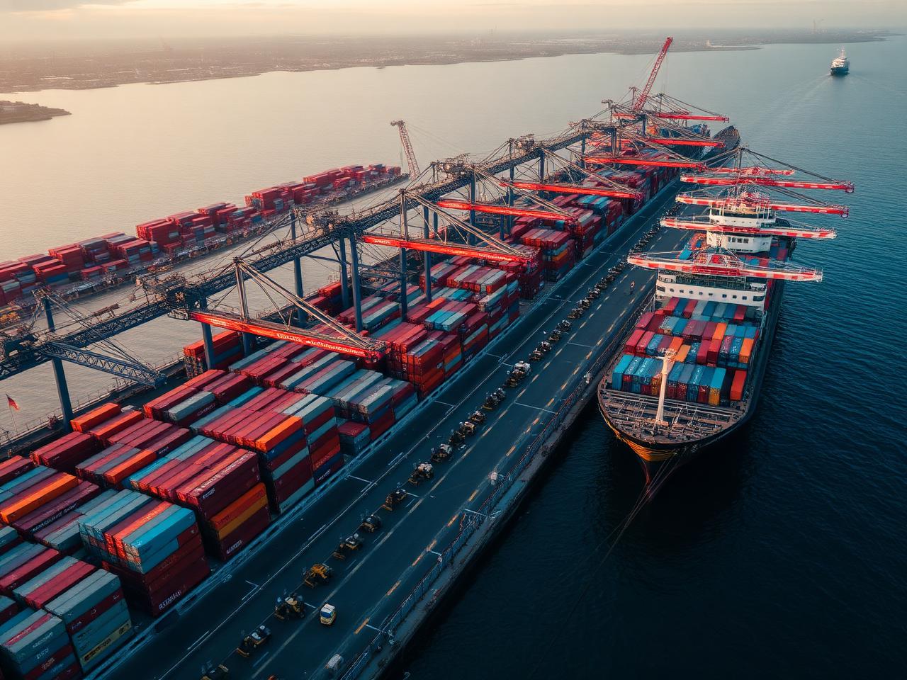 Container port at dawn